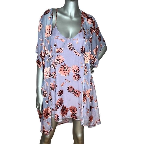 For Love & Lemons Purple Floral Mini Slip Dress & Sheer Kimono Duster Set O/S & - Picture 1 of 15